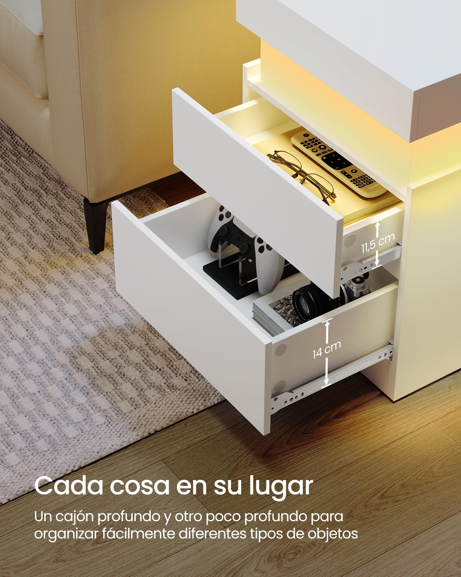 VASAGLE Kailyn Colección - Mesita de Noche con Regleta de Enchufes, Juego de 2, Tapa Deslizante, 2 Cajones, Tira LED, Pequeña Mesa Auxiliar, Estilo Moderno, 35 x 40 x 55 cm, Blanco Nieve LET840WB01