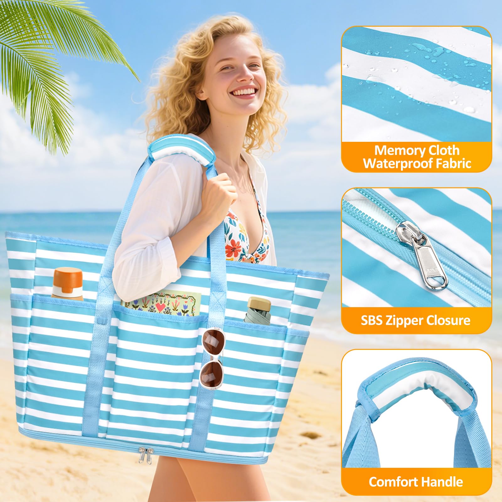 TEUEN Grand Borsa Mare con Zip Donna, 45L Borsa Mare XXL Famiglia con Zip Pieghevole Borsa da Spiaggia Impermeabile Borsa Beach Tote Bag per Piscina,Viaggio,Shopping,Vacanze