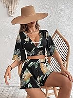 Vista 5 de SweatyRocks Conjunto de 2 piezas de blusa corta con nudo frontal y mangas de mariposa boho con pantalones cortos para mujer