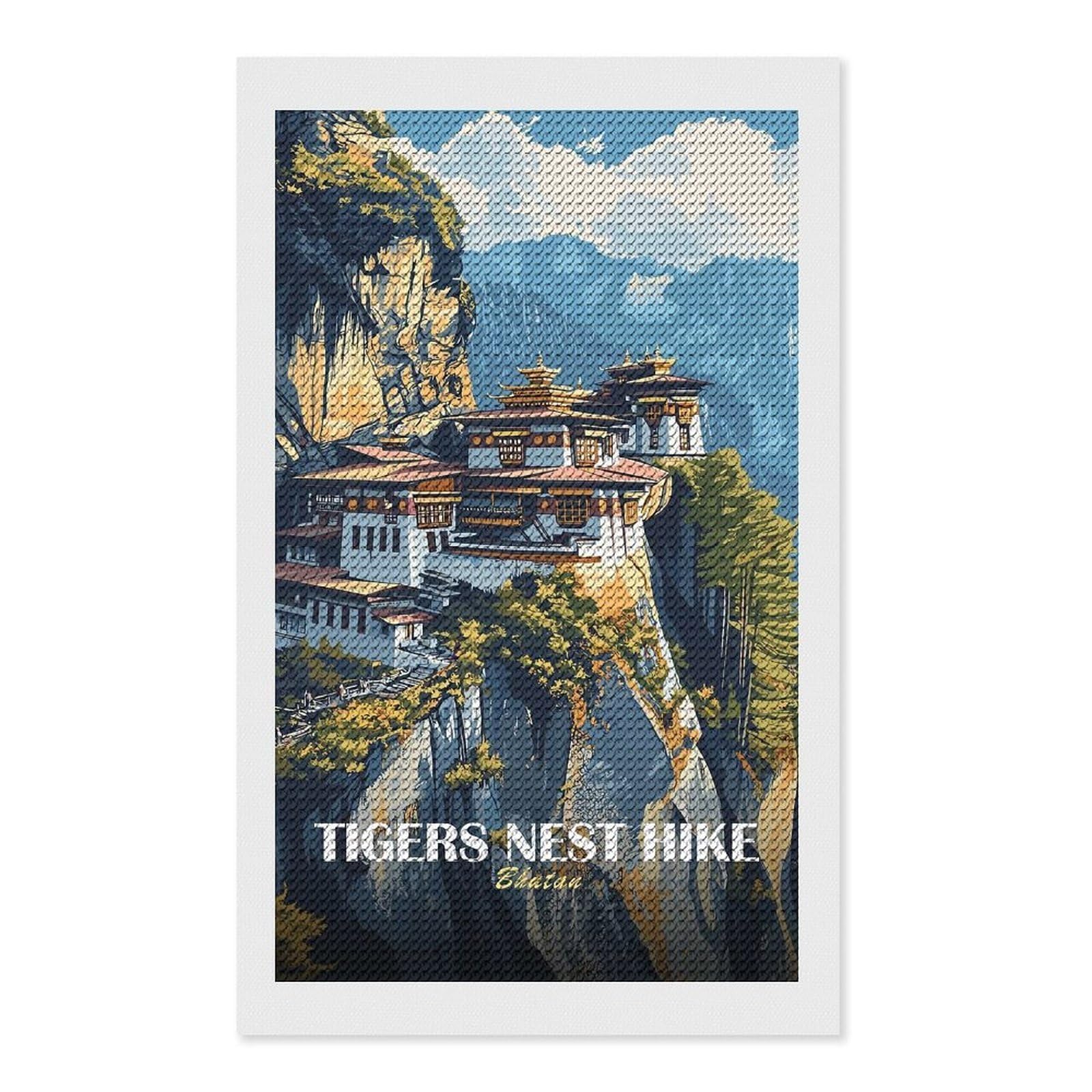 Junmoney Tigers Nest Hike, Bhutan DIY Diamond Art Canvas Kit 12"x20", Simple to Start, Fun Craft Experience, Modern Decor, Gift Idea, Adhesive Canvas