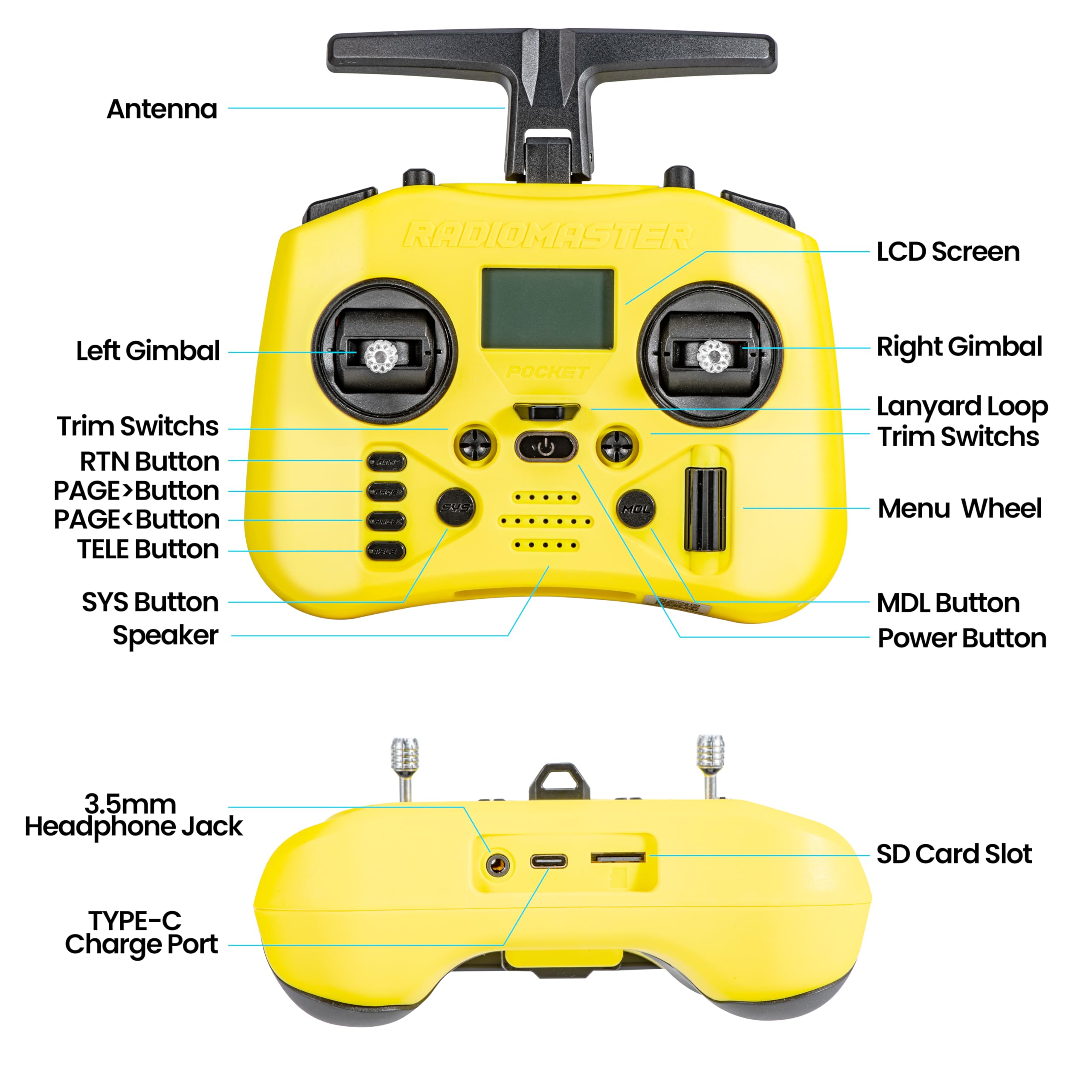 Radiomaster Pocket Hall Gimbal EdgeTX Émetteur Télécommande Portable Léger Lumière LED Intégrée Antenne Pliable (Jaune)