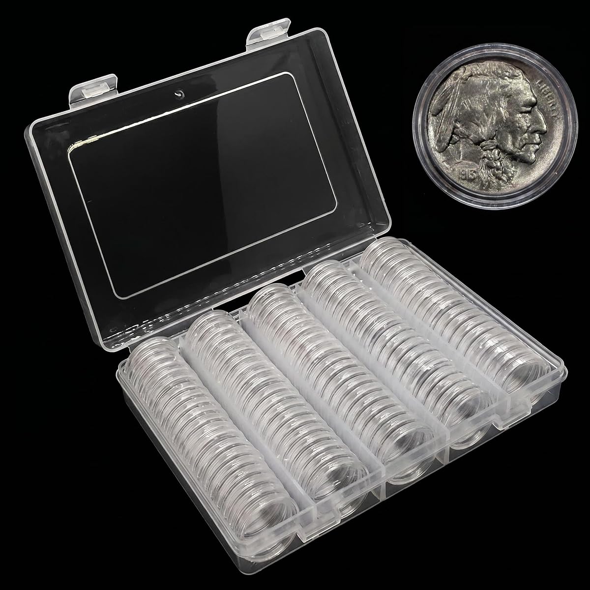 100 soportes para cápsulas de monedas, ajuste directo, níquel estadounidense, 21 mm, con estuche de almacenamiento (21 mm)