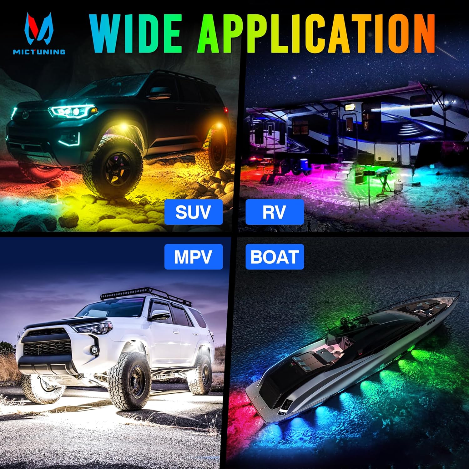 MICTUNING C2+ RGB+IC Rock Lights - 16 Pods Dynamic Chasing Color Underglow Neon Kit, Extensible to 24 Pods, Bluetooth APP Control & IP68 Waterproof, for Trucks Cars ATV UTV Golf Cart (2 Year Warranty)