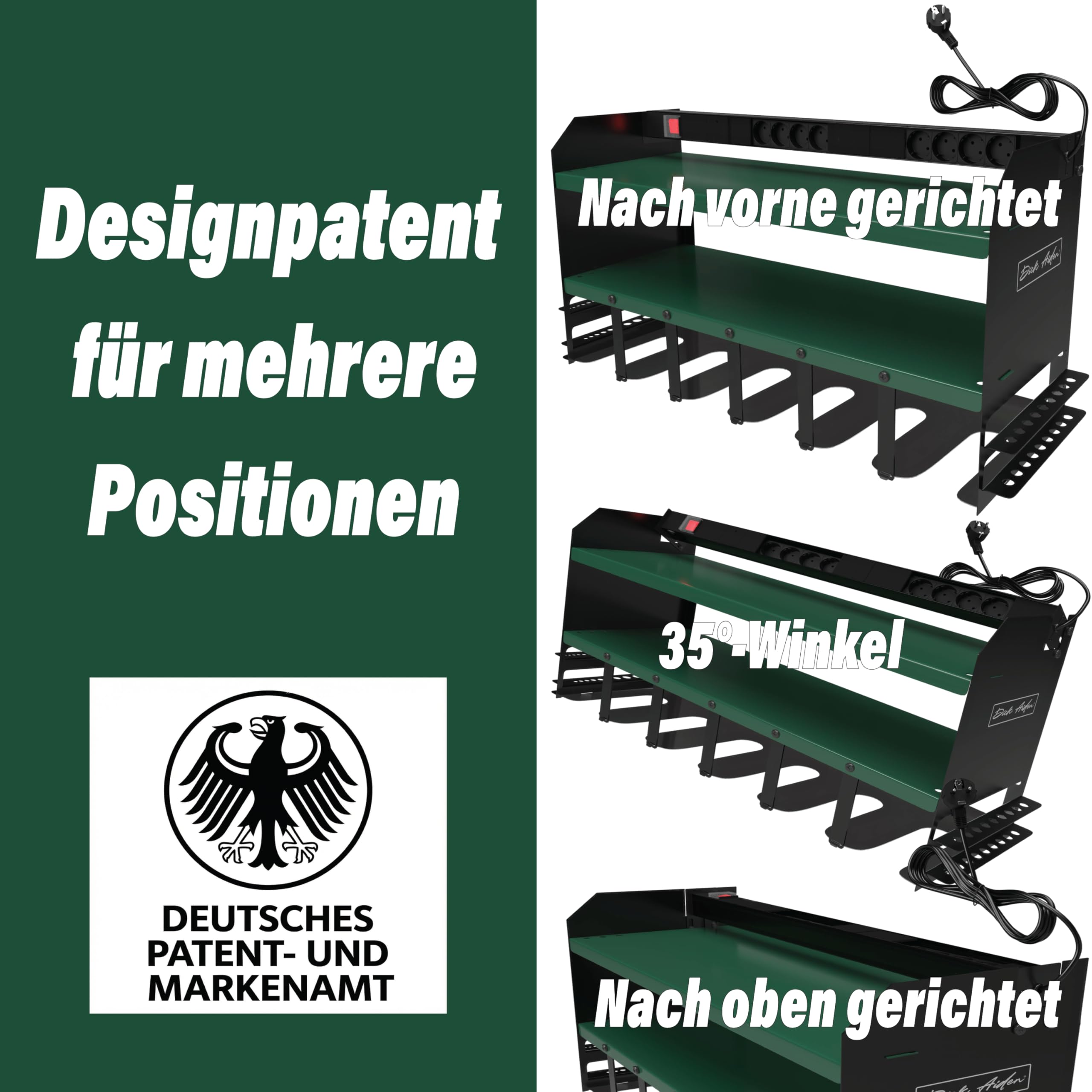 Elektrowerkzeug-Organizer mit Steckdosenleiste & Ladestation, Schwerlast-Werkzeughalter für Werkstatt & Garage, 6-fach Halterung, Metabo Grün.
