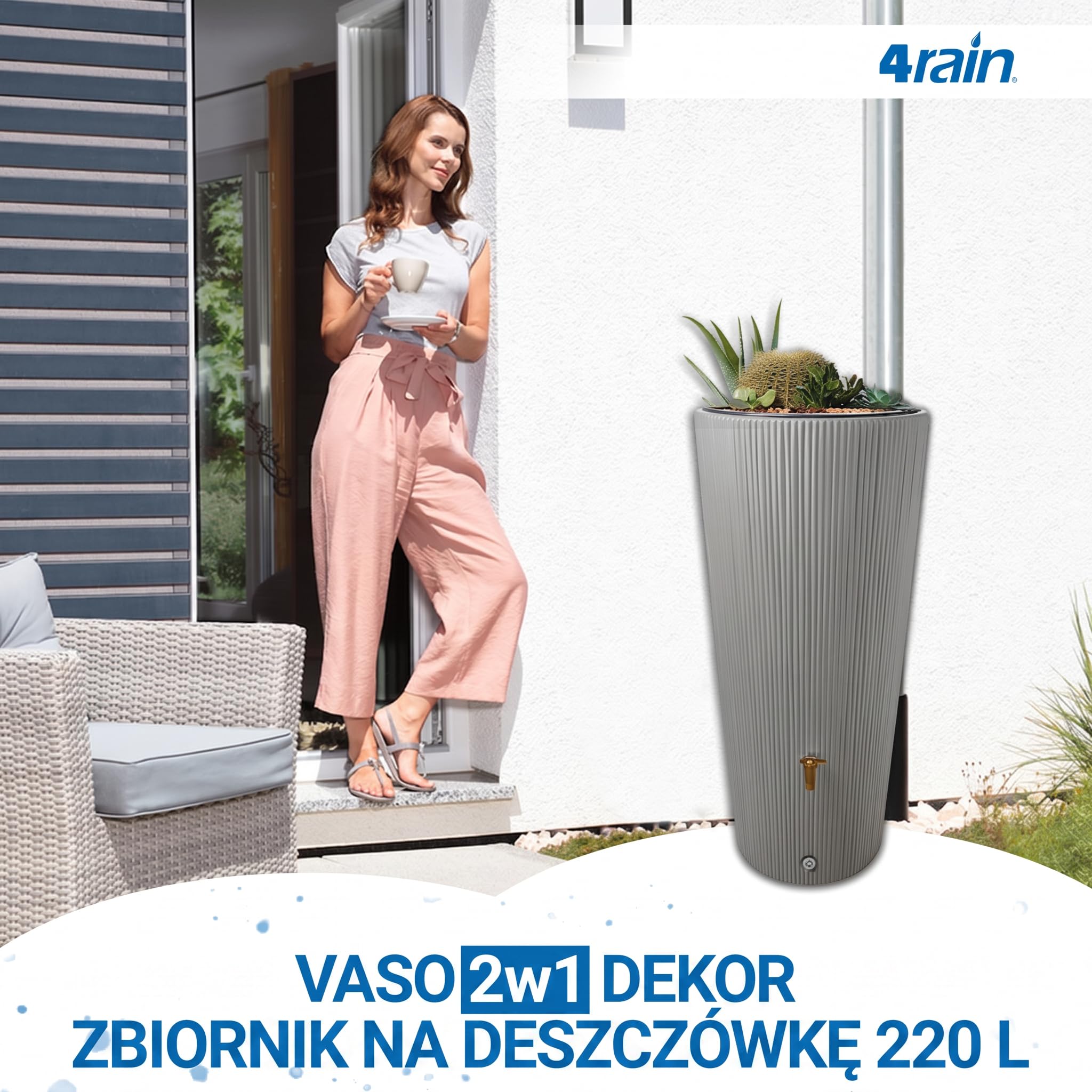4rain VASO 2w1 DECOR zbiornik na deszczówkę 220 l, szary cynkowy | z kranem spustowym z tworzywa sztucznego i przyłączem do rury spustowej