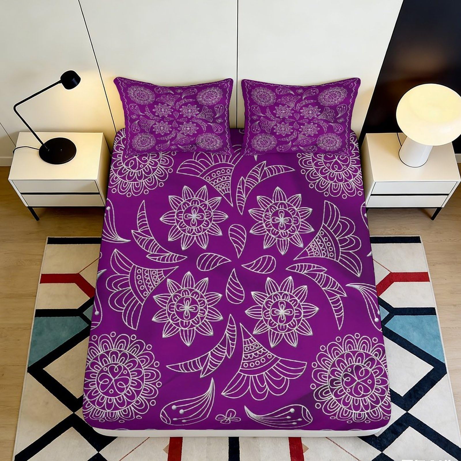 3D Printed Purple Mandala Fitted Sheet Microfiber Anti-Slip Boho Paisley Mattress Cover for Bedroom Guest Room Easy Care 90x200x25cm