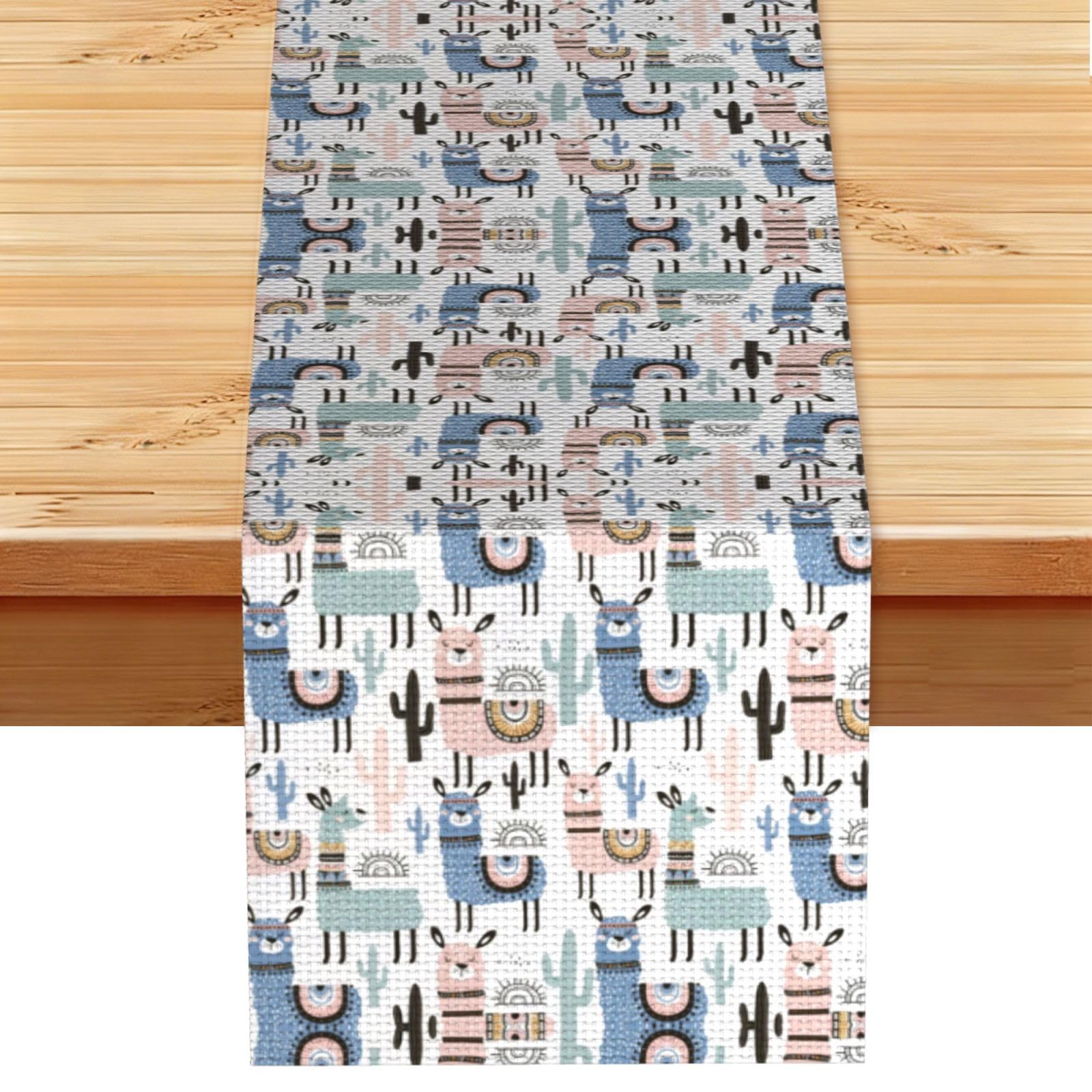 Llama Alpaca Cactus Printed Kitchen Table Runner 13x72, Faux Linen Style Decor for Home Wedding Banquet Fireplace