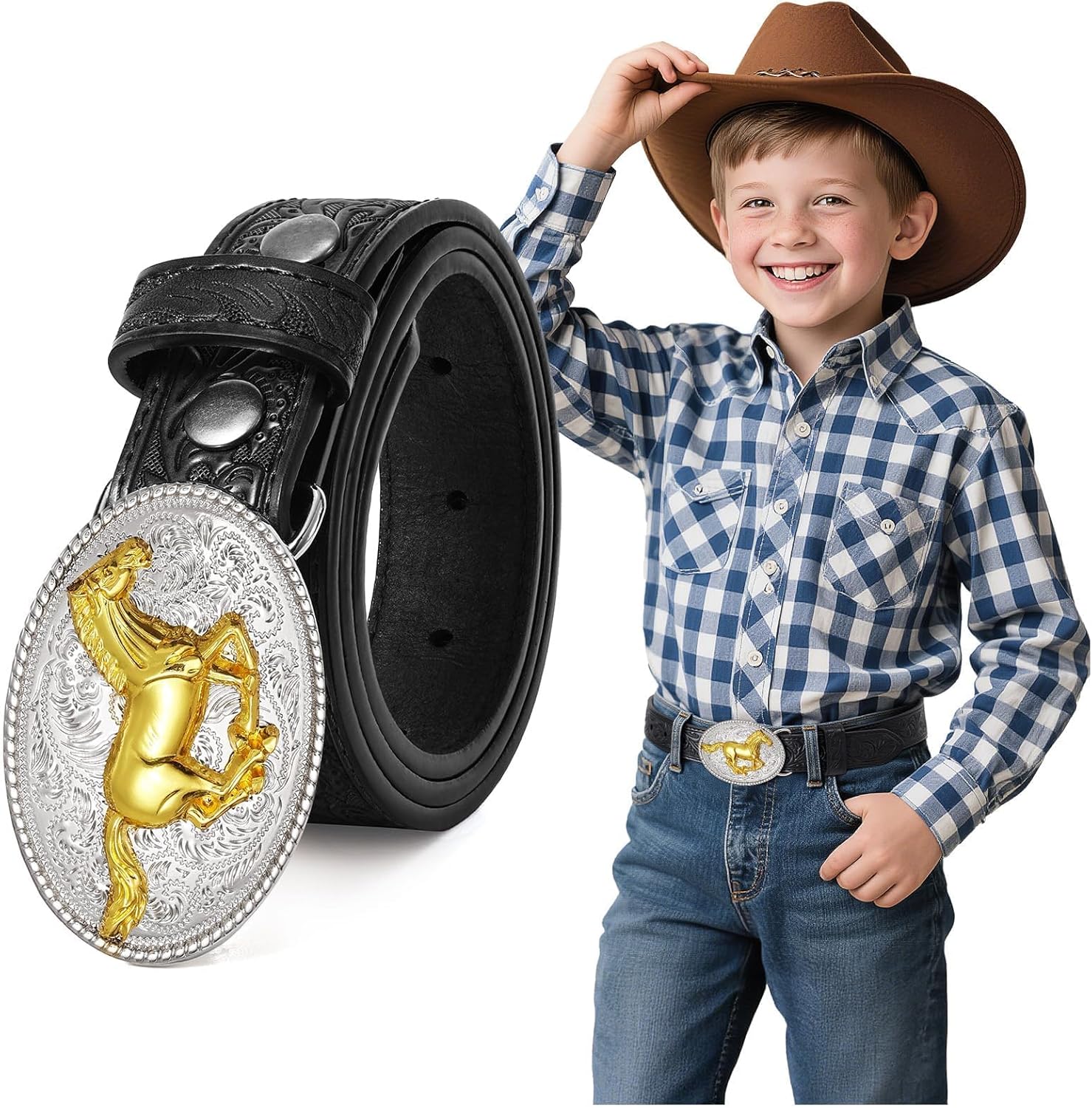 Kids Western Belt for Boys Girls Embossed Cowboy Cowgirl Genuine Leather Kid Western Buckle Belts for Jeans Gifts