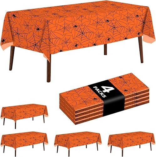 Paquete de 4 manteles rectangulares de tela de araña de Halloween, 54 x 108 pulgadas, manteles rectangulares de tela de araña de plástico, manteles