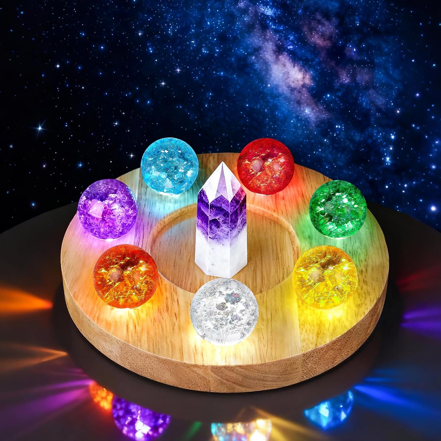 7 Colors Healing Crystal Balls Set with LED Wooden Base, 1.57'' Ice Cracked Chakra Spheres, Quartz Energy Orbs for Meditation, Positive Vibes for Home Night Light Decor