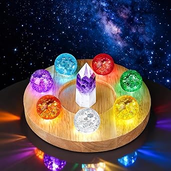 7 Colors Healing Crystal Balls Set with LED Wooden Base, 1.57'' Ice Cracked Chakra Spheres, Quartz Energy Orbs for Meditation, Positive Vibes for Home Night Light Decor