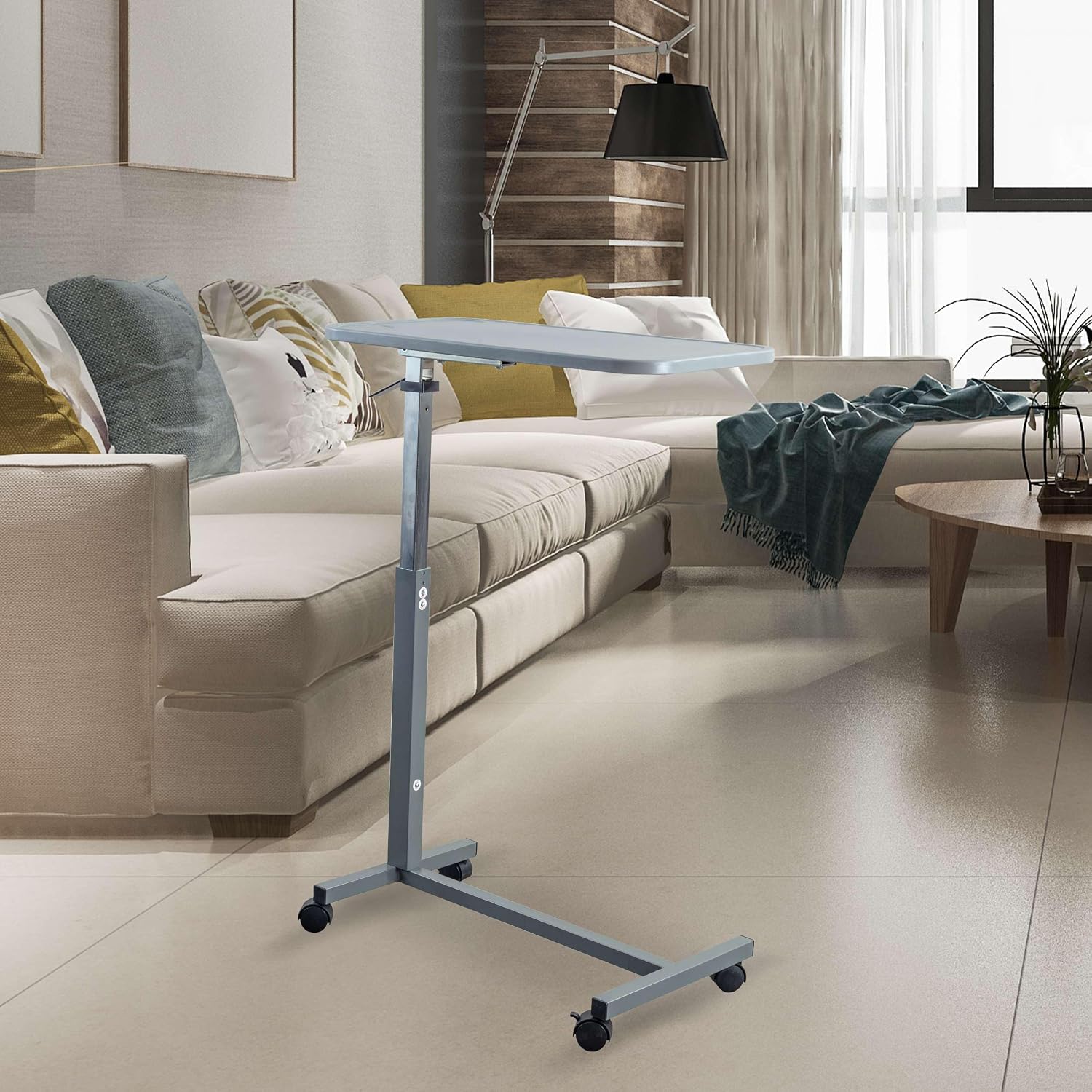 Grey Overbed Table with Composite Top and Adjustable Height - Over Bed Table with Wheels - Medical Rolling Bedside Table for Hospital and Home Use