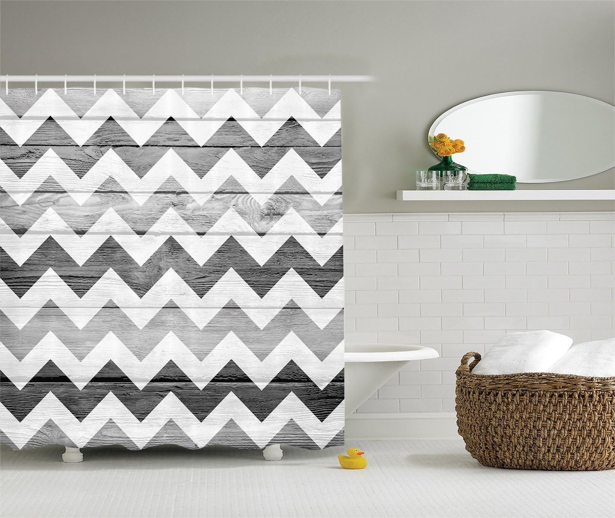 Grey Chevron Shower Curtain Geometric Illustration Decorations by YOUHOME, Chevron