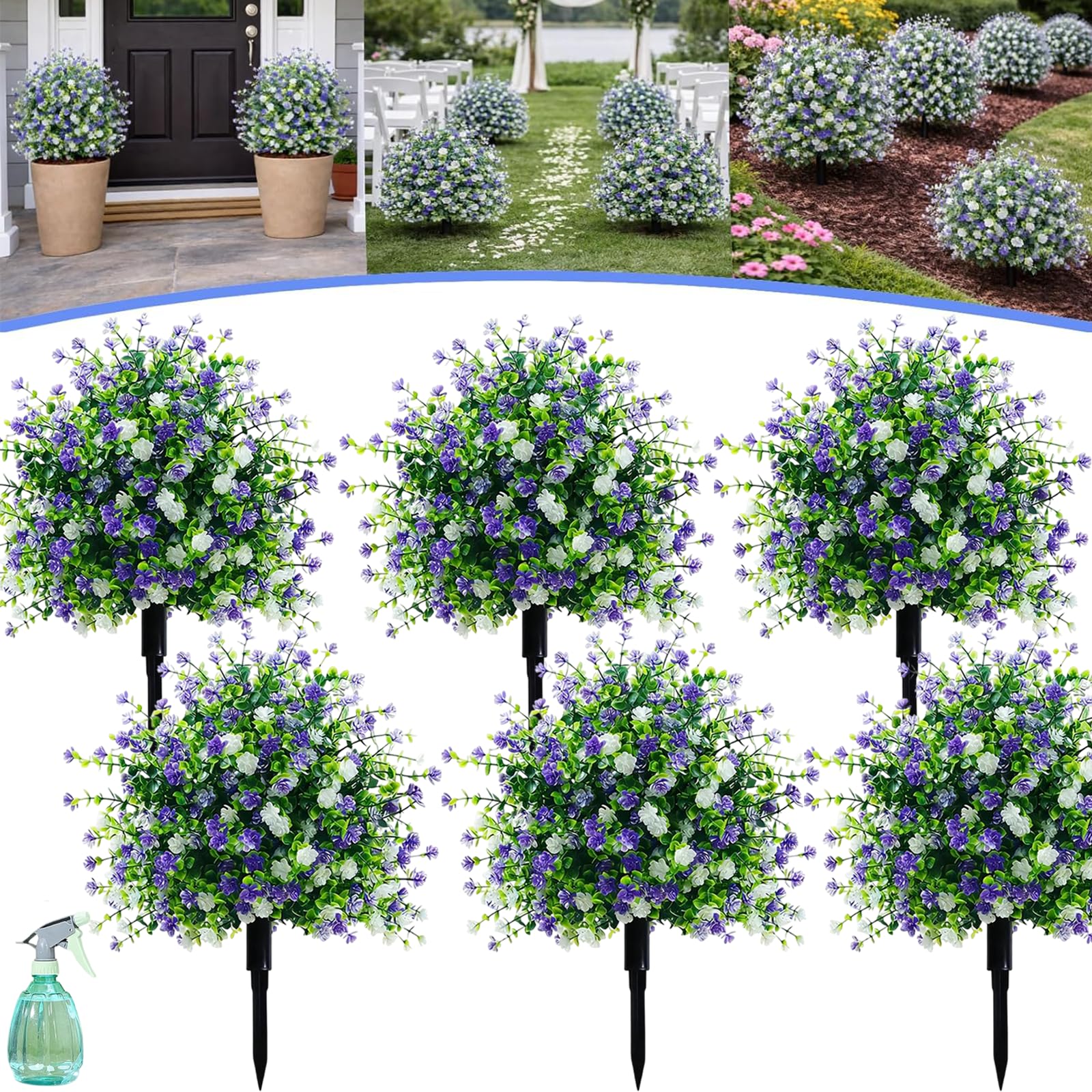 Artificial Potted Trees with Ground Stakes, UV Resistant Faux Plants for Outdoors, Realistic Artificial Outdoor Topiary Bushes in Pots, Fake Garden Shrubs for Front Porch Patio Decor (A,6 Pcs)