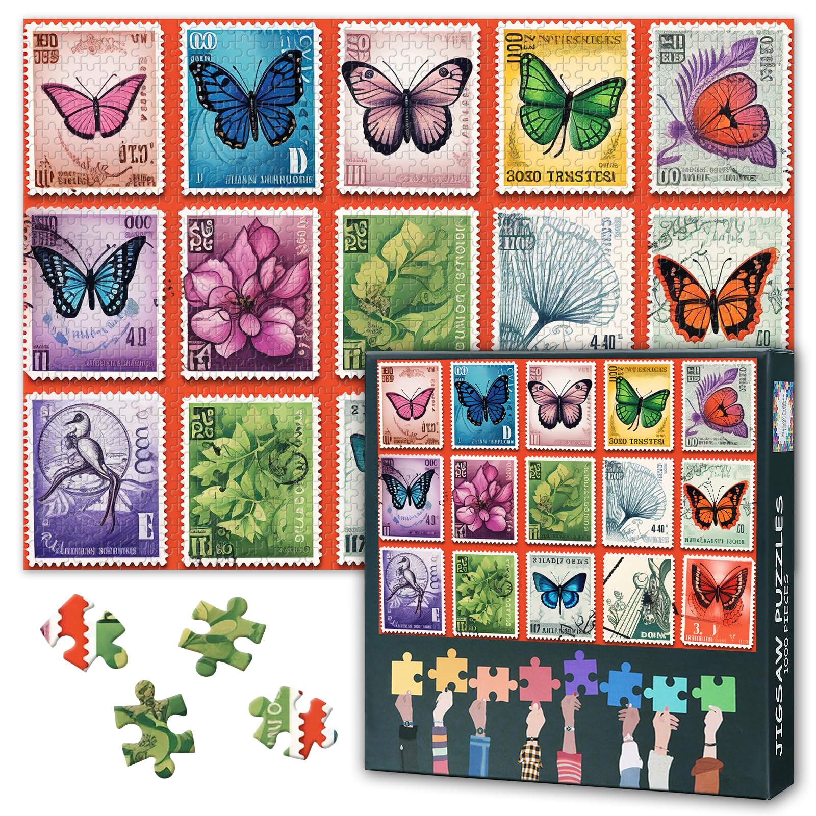1000 Piece Jigsaw Puzzles for Adults - Butterfly Collectible Stamps Art, Large Challenging & Difficult Educational Puzzle, 28x20 Inch Home Decor for Adults UK (Family Game Night, Stress Relief)
