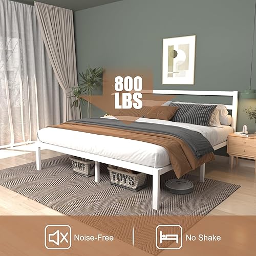 Miniatura 5 de Marco de cama tamaño King, plataforma de metal con cabecero, soporte de listones de metal fuerte, base de colchón, almacenamiento debajo de la cama,