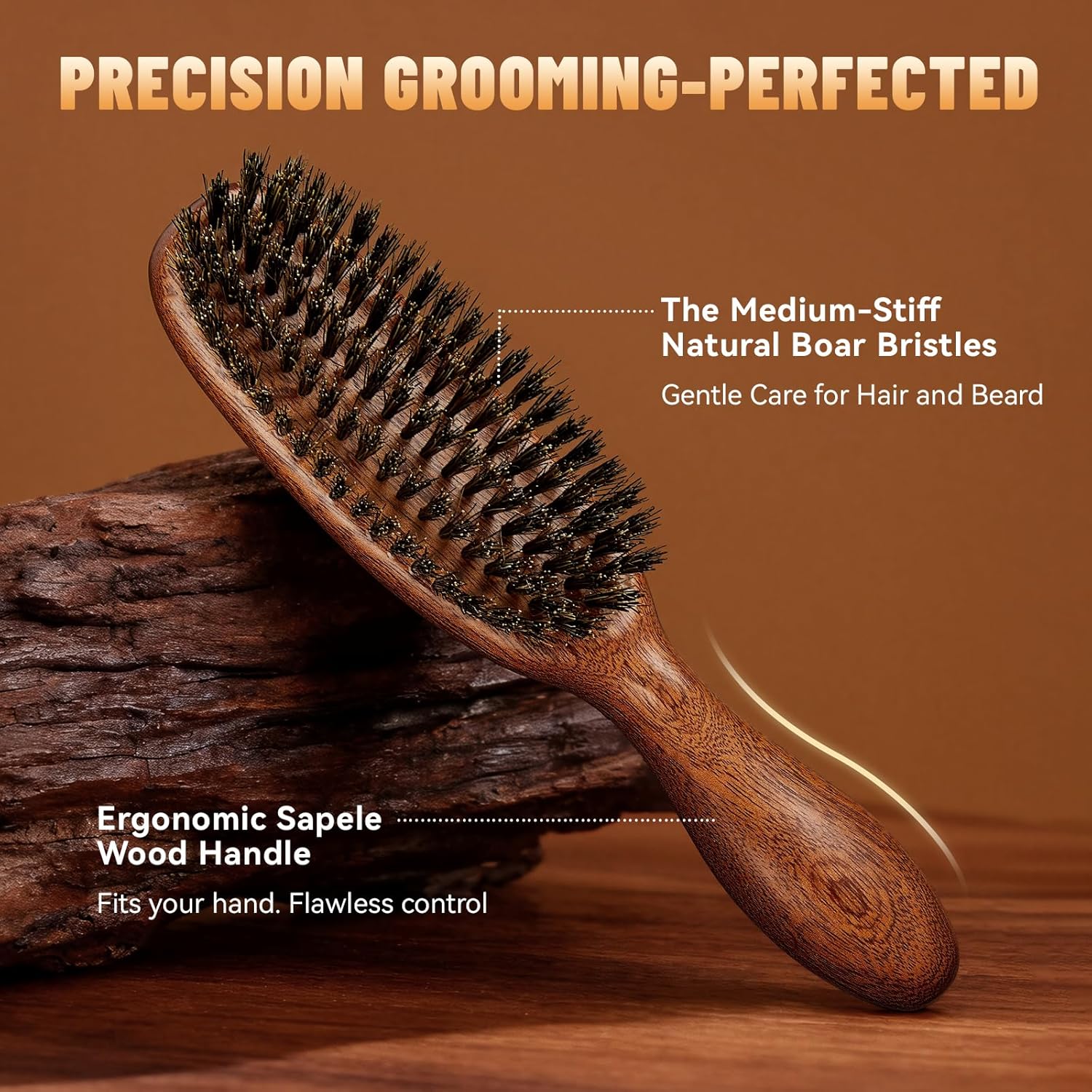 Hair and Beard Brush Kit for Men with Natural Boar Bristles and Sapele Wood Ergonomic Handle, Mustache Comb Grooming Gift for Thin Fine Hair Growth, Detangle, Smoothing, Taming, 9.1 Inches