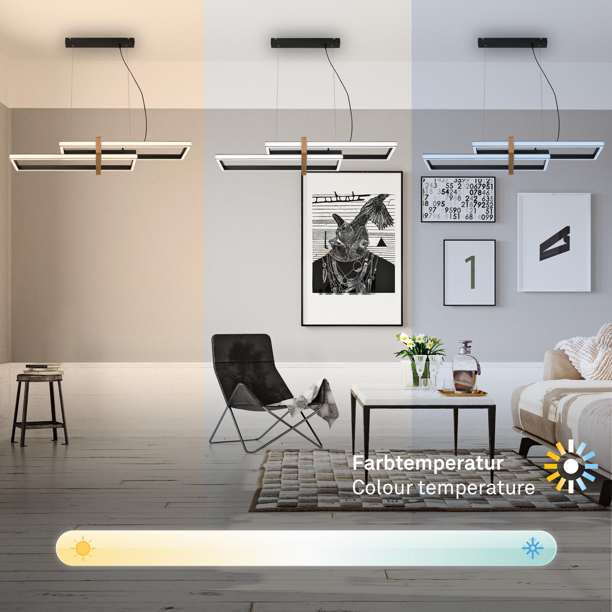 BRILONER – Dimmbare LED Pendelleuchte CCT, Fernbedienung, Nachtlicht und Timer, LED Deckenleuchte, Lampe, Wohnzimmerlampe, Hängelampe, Küchenlampe mit Holz