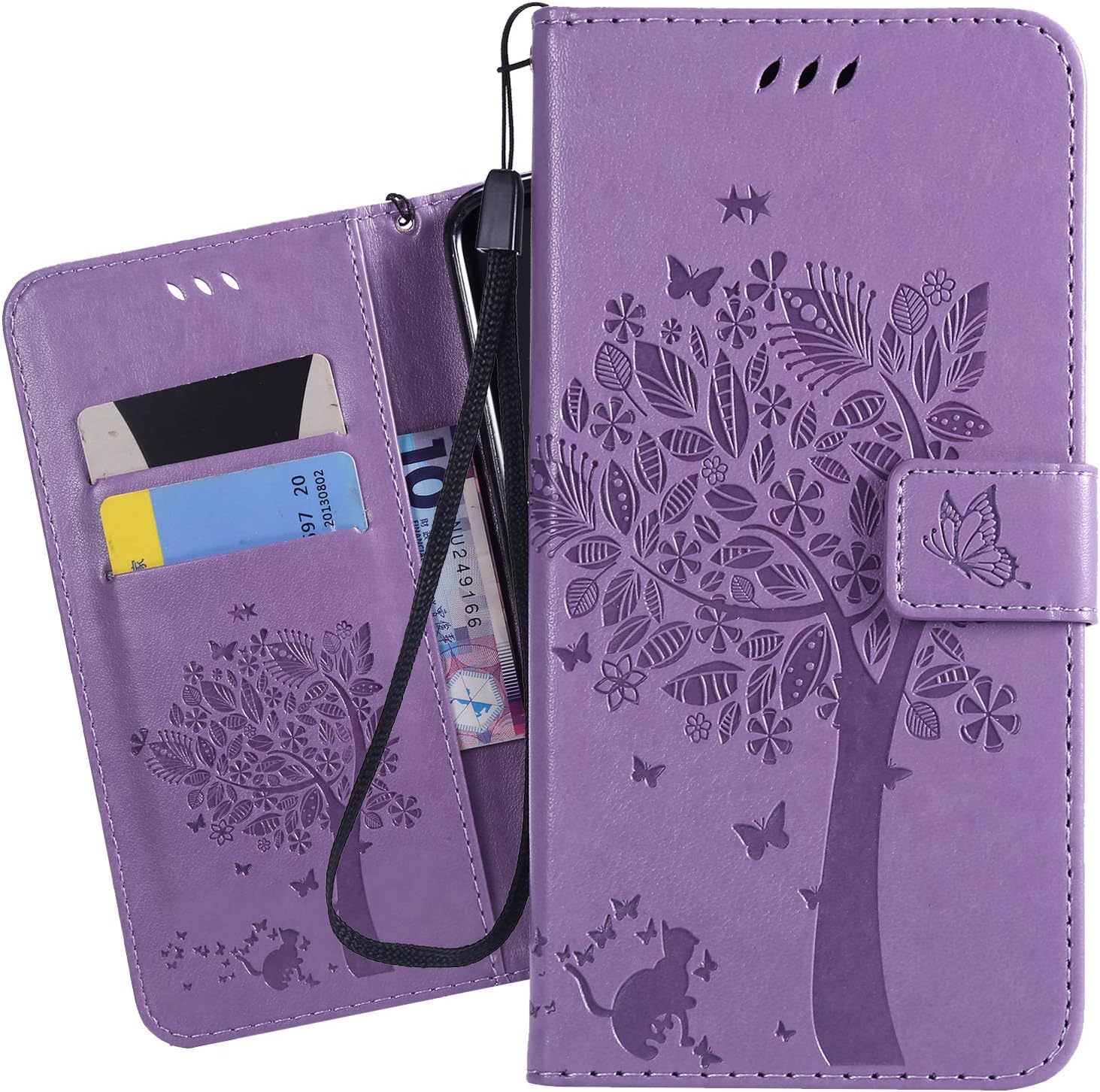 Ougger Funda para Huawei P Smart 2019 Carcasa, PU Piel Tapa Billetera Cuero Magnética Cover Protector Suave TPU Silicona Carcasa para Huawei P Smart 2019 con Tarjeteros, Gato y árbol (Púrpura)