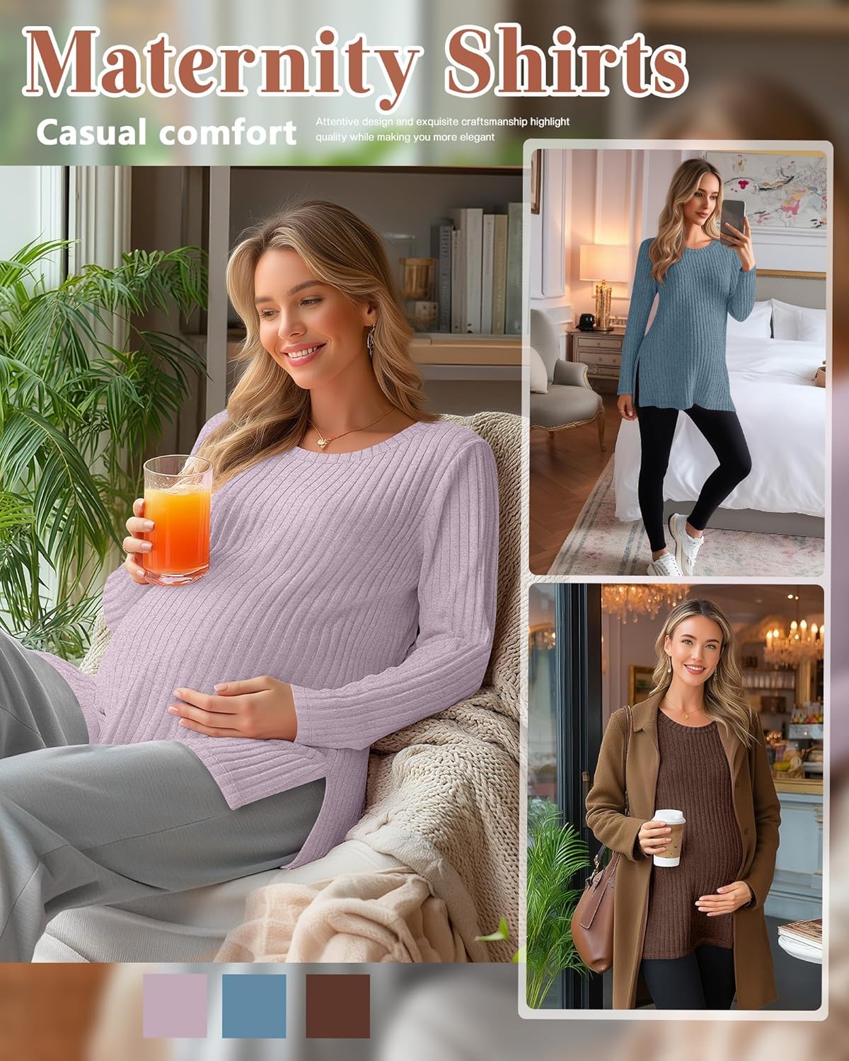 Ficerd 3 Pack Women's Maternity Shirts, Ribbed Long Sleeve Pregnancy Sweaters Crew Neck Slit Side Knit Pregnant Tunic Tee Top - Image 3
