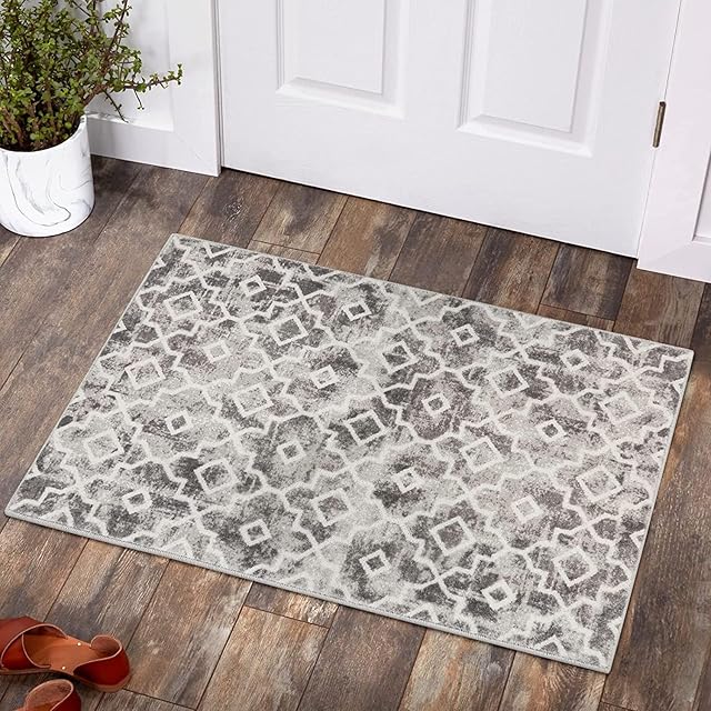 KIMODE Moroccan Geometric Small Rug Doormat 60x90cm, Grey Washable Modern Trellis Bathroom Throw Rugs,Soft Non Slip Low-Pile Floor Mat Carpet for Indoor Front Entrance Kitchen Entryway