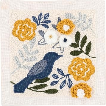 Kimberbell Punch Needle Kit Birdsong Bouquet - Complete DIY Embroidery Kit with Tool, Monks Cloth, Frame, Yarn & Embellishments Blue & Gold Floral Design Punch Needle Set