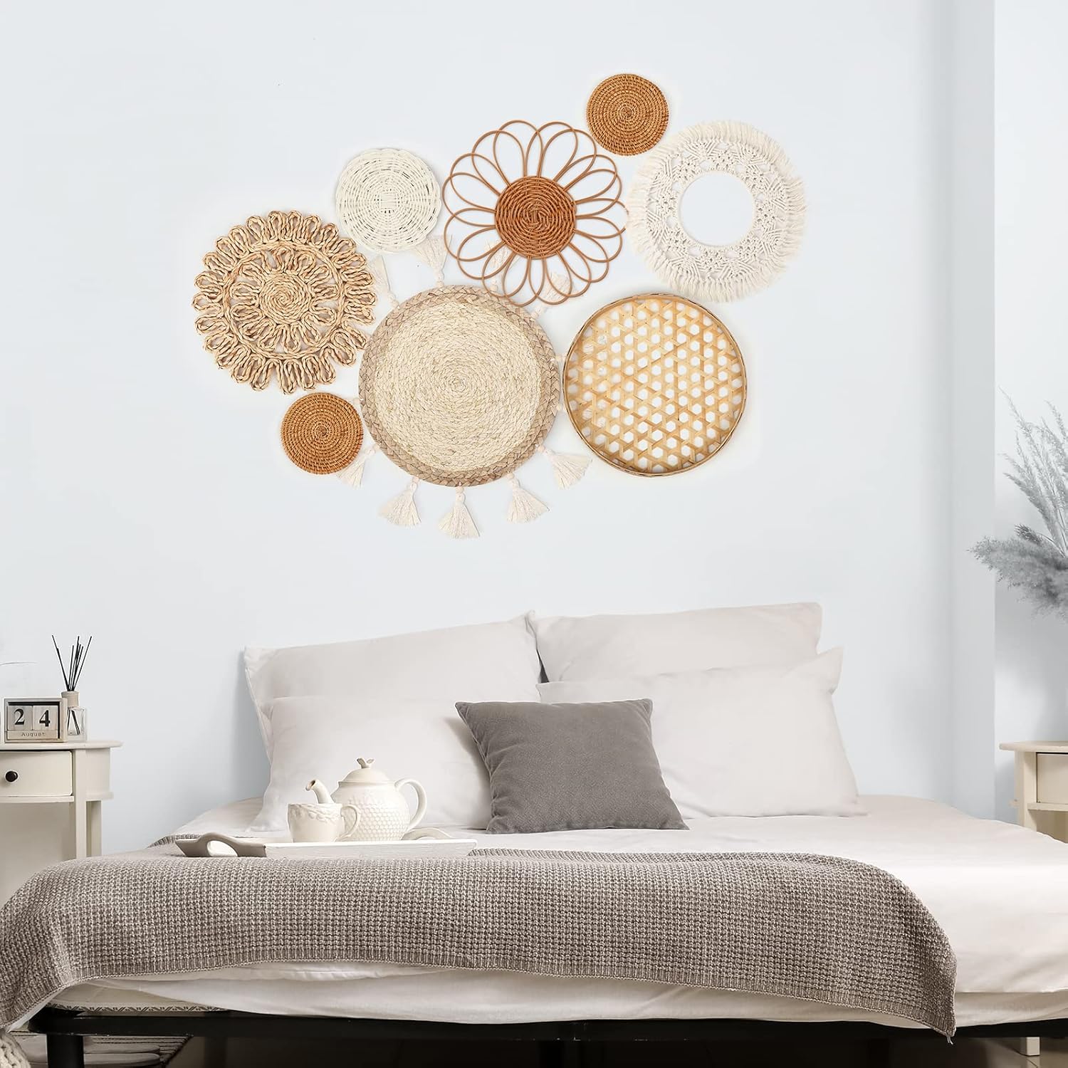 Set of 8 Boho Wall Hanging Set - Woven Rattan, Bamboo Baskets with Macrame Tassels & Tapestry for Bedroom, Living Room, Nursery Decor
