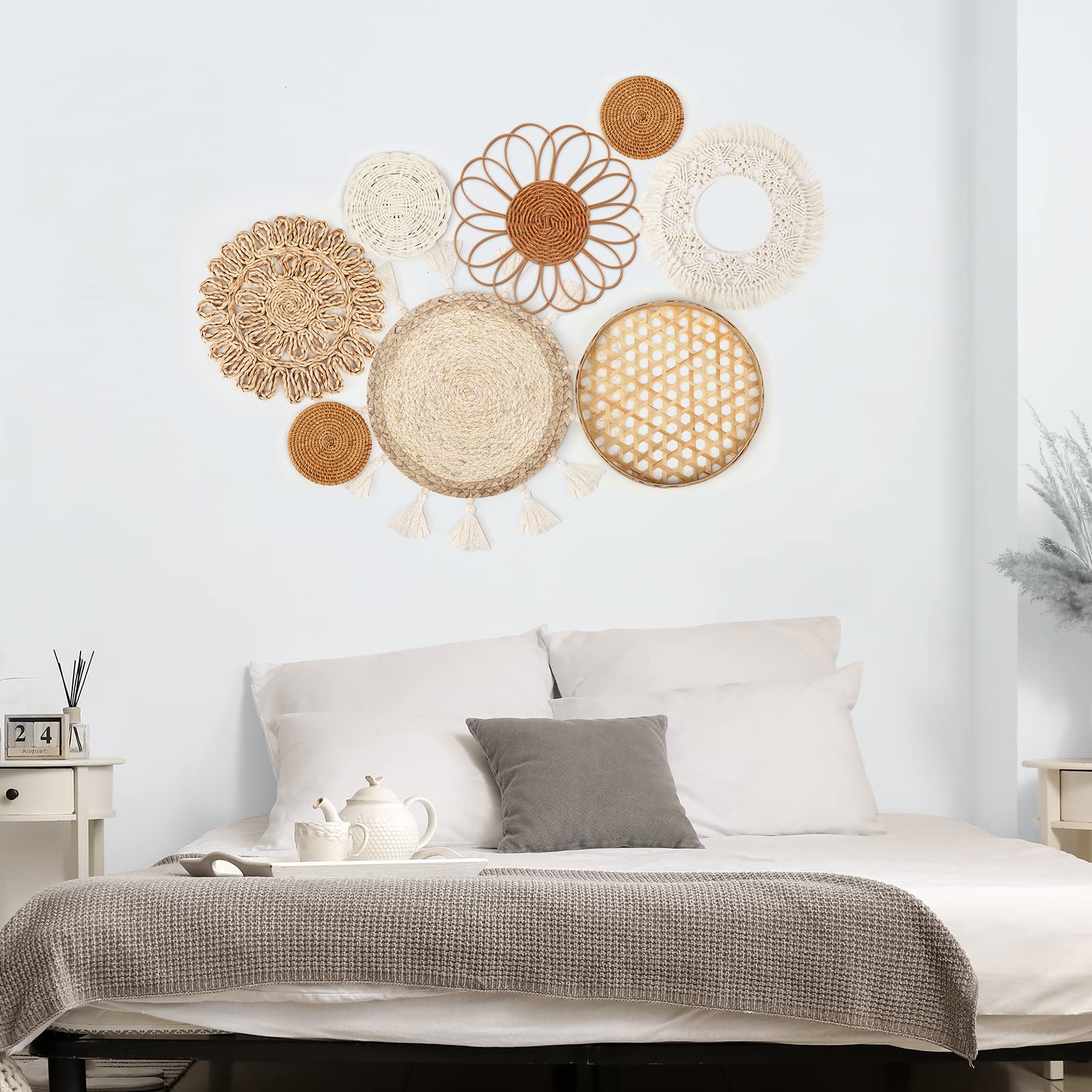 Lot De 8 Paniers Muraux Bohème Tressés - Jonc De Mer, Rotin - Diam. 11 à 30 Cm - Décoration Salon, Chambre