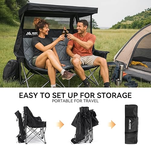 Miniatura 5 de Silla de camping doble con toldo plegable doble con toldo ajustable, silla de camping resistente con dos portavasos y bolsa de transporte para