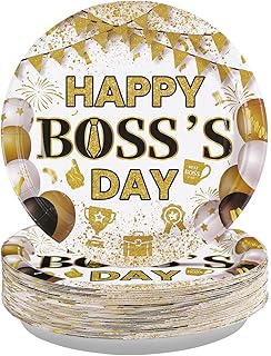 Grencian 50 PCS Happy Boss's Day Paper Plates 9" Large Heavy Duty Disposable Best Boss Ever Platters Gold White Dessert Plate for Men Appreciation Retirement Office Anniversary Themed Party Decoration