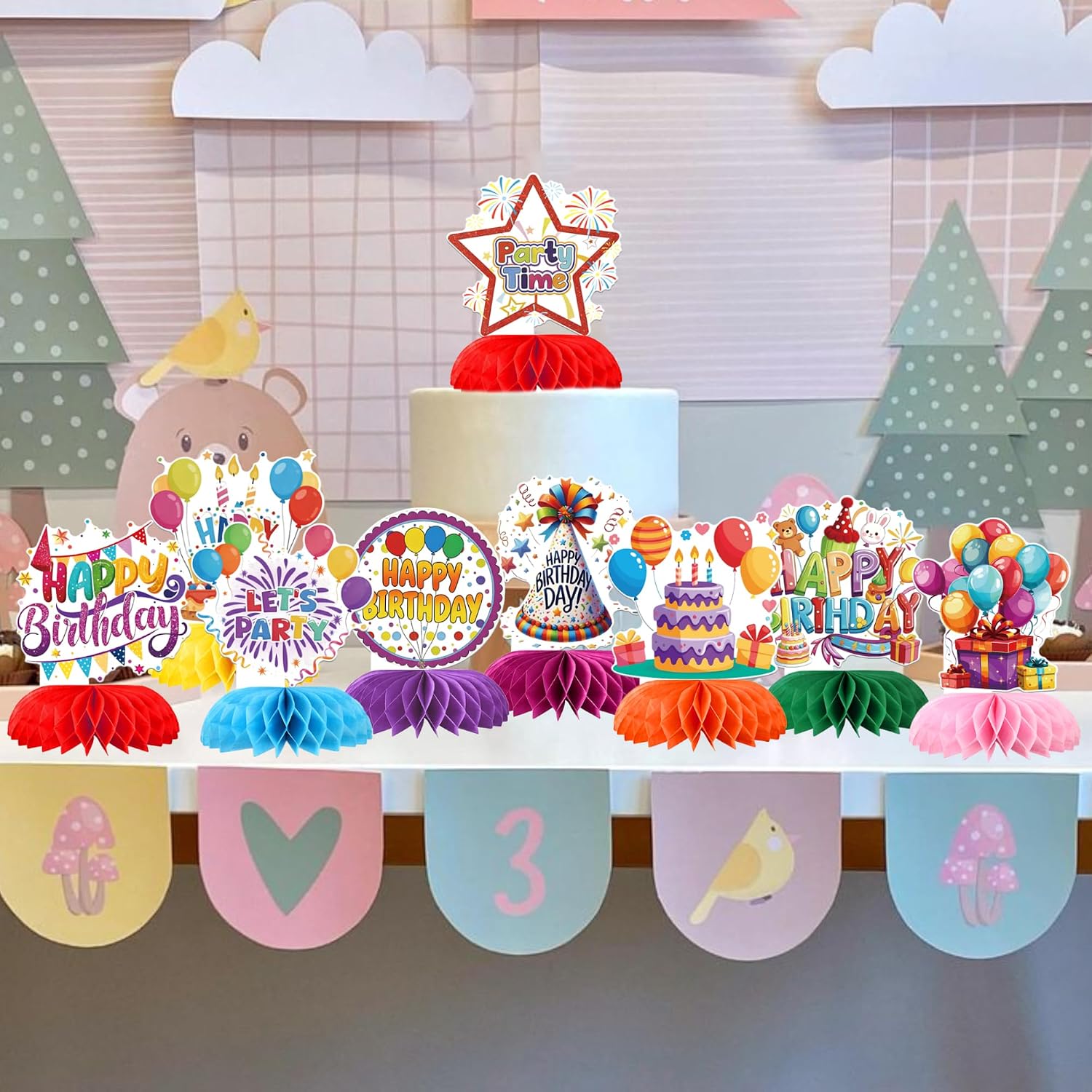 9 PCS Happy Birthday Party Decorations Happy Birthday Honeycomb Centerpieces Balloon Star Firework Cheers Party Time Table Decorations Centerpieces for Celebrating Anniversary Party Supplies Colorful image 4