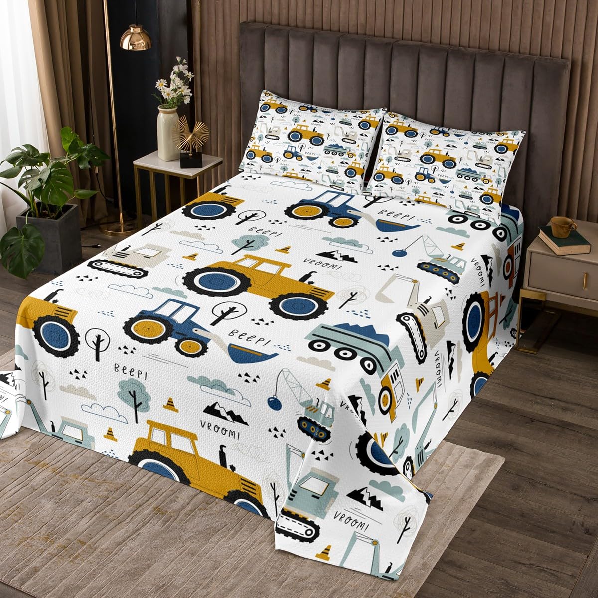 Erosebridal Construction Coverlet Set Kids for Boys Cartoon Cars Bedspread Set Twin Size Equipment Trucks Bed Set Excavator Tractor Bedspread Cover White Yellow for Girls Teens Bedroom Decor