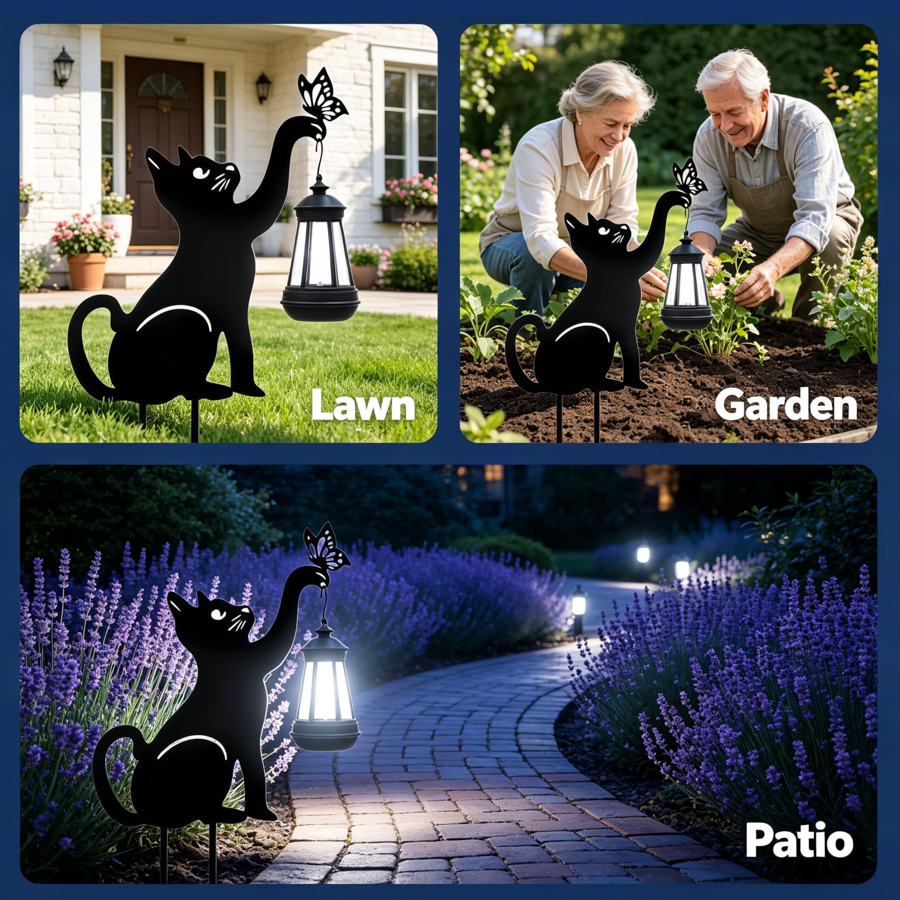Luces solares de gato negro para exteriores, regalos para amantes de los gatos, para mamá, mujer, abuela, decoración de jardín con mariposa decorativa de metal, adorno de inauguración de la casa para