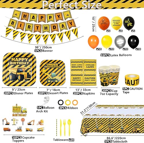 Miniatura 6 de Paquete de 231 suministros para fiesta de cumpleaños de construcción, camiones volquetes, decoraciones de cumpleaños, platos de fiesta de