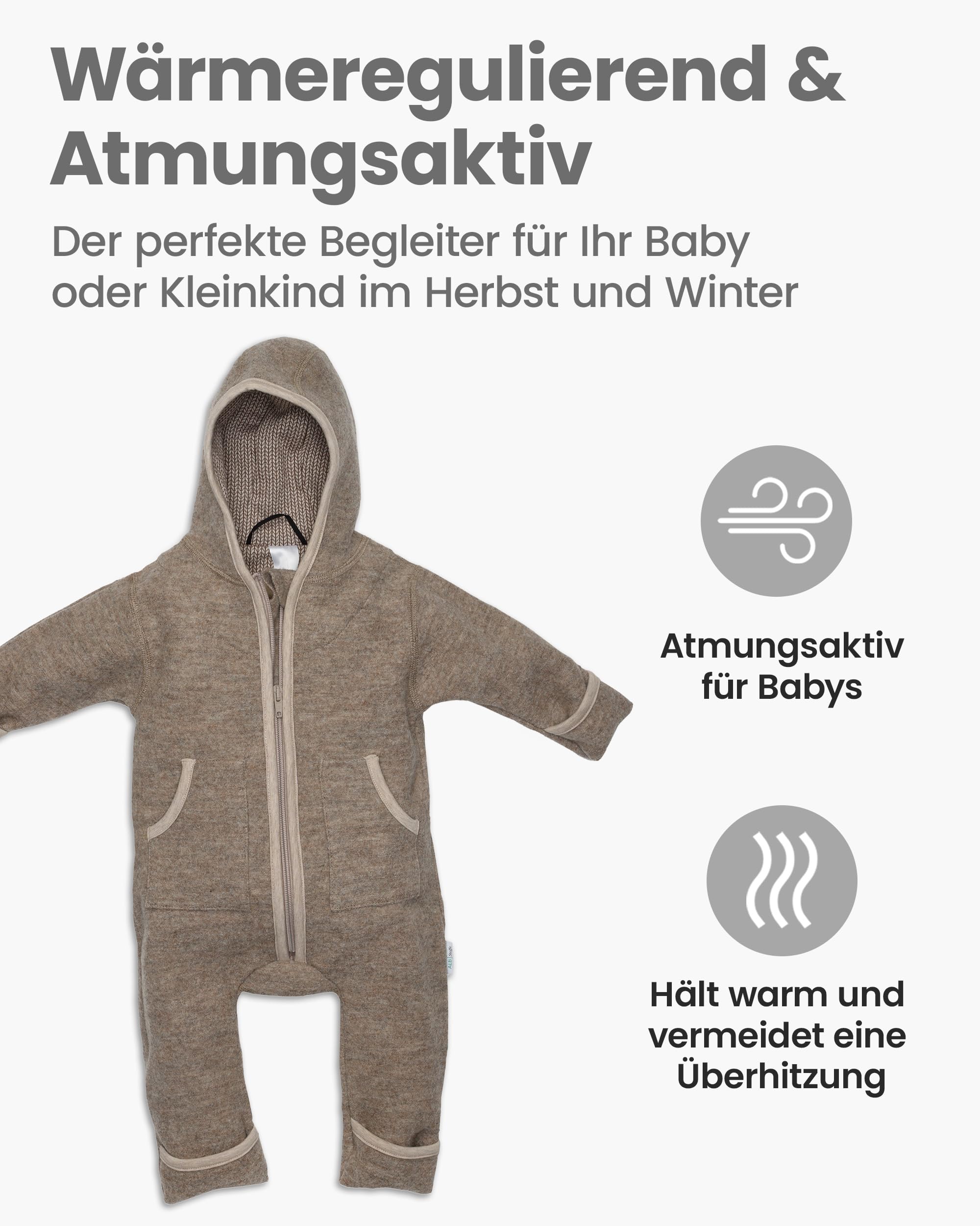 Walkoverall Baby und Kleinkinder – Wollwalk Overall Baby aus Schurwolle mit Reißverschluss – Baby Overall Winter – Baby Overall Herbst – Overall Baby Winter