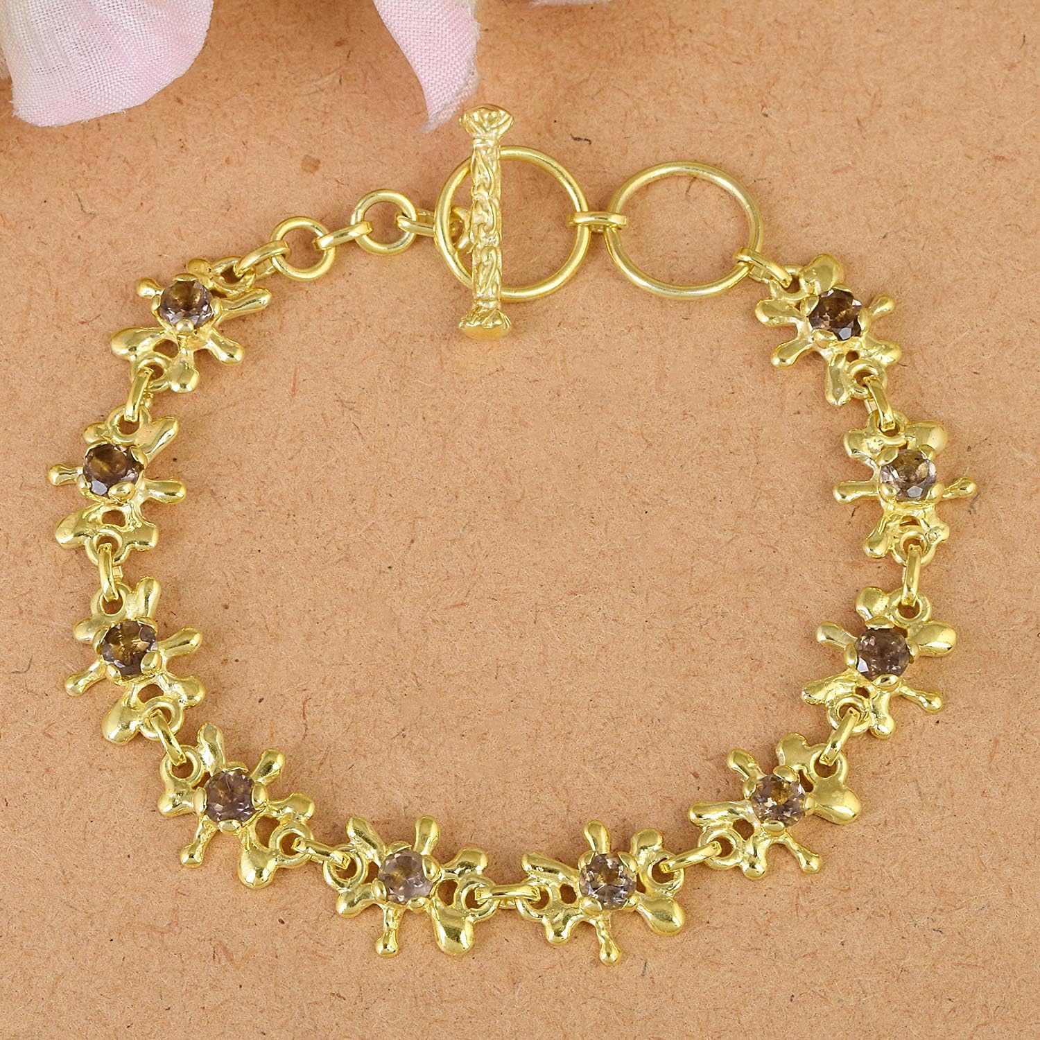 Pulsera de plata de ley 925 maciza de cuarzo ahumado, hecha a mano, con acabado chapado en oro y cierre de palanca de 7 pulgadas, 7 Inches, Plata de ley, Cuarzo ahumado