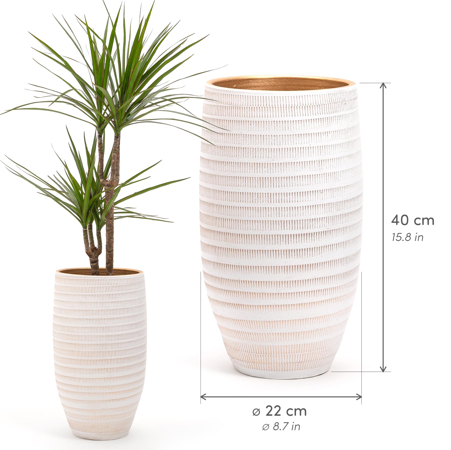 Grand et Élégant POT en Terre Cuite | Décoré avec un Intérieur Doré | Pot Décoratif Moderne pour Plantes, Fleurs, Plantes Succulentes, Sansevieria | Pour Intérieur ou Extérieur. (Ø 22 cm - H. 40 cm)