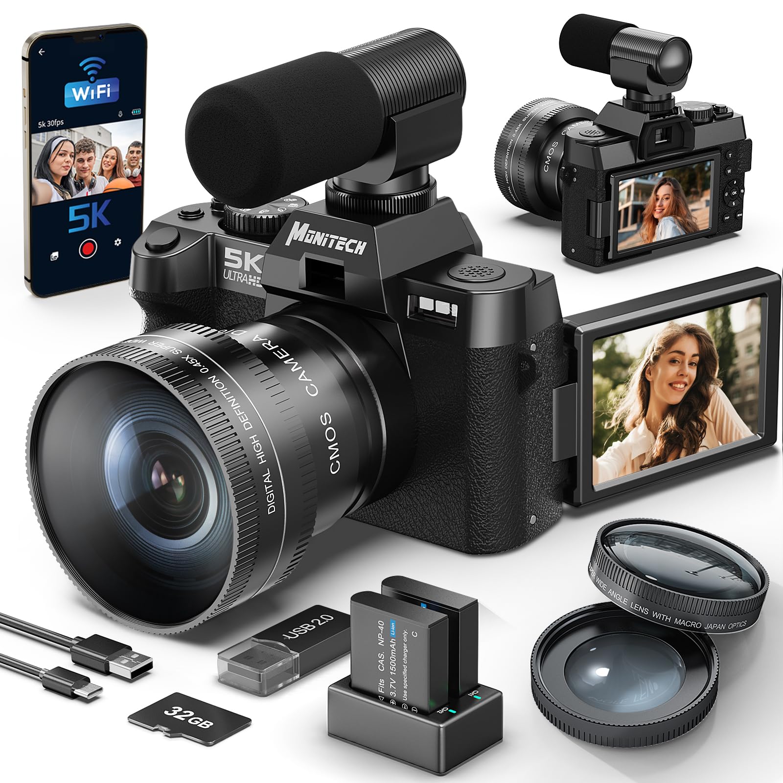 Foto de Cámara compacta digital 5K para fotografía y video, cámara de vlogging de 48MP para YouTube con pantalla abatible de 180°, zoom digital de 16X, lente gran angular y macro de 2.047 in, 2 baterías (imagen 1)