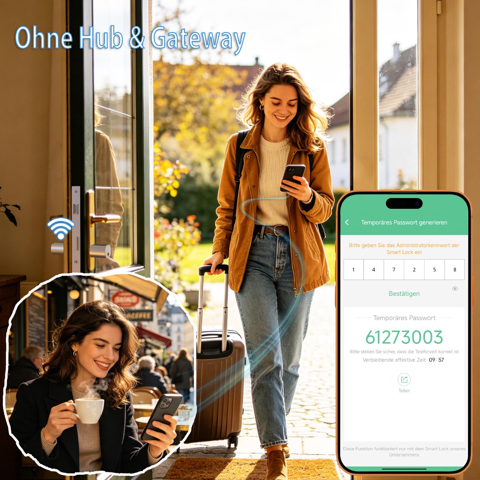 Cylindre de porte électronique eLinkSmart empreintes digitales, PIN, application, RFID/NFC et clé, passerelle Wi-Fi incluse, réglable de 60 à 140 mm, sans perçage, étanche IP65, clé temporelle Airbnb