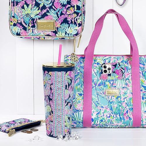 Miniatura 7 de Lilly Pulitzer Bonita bolsa de almuerzo para mujer, bolsa de mano aislada de gran capacidad, mini hielera azul con bolsillo de almacenamiento y