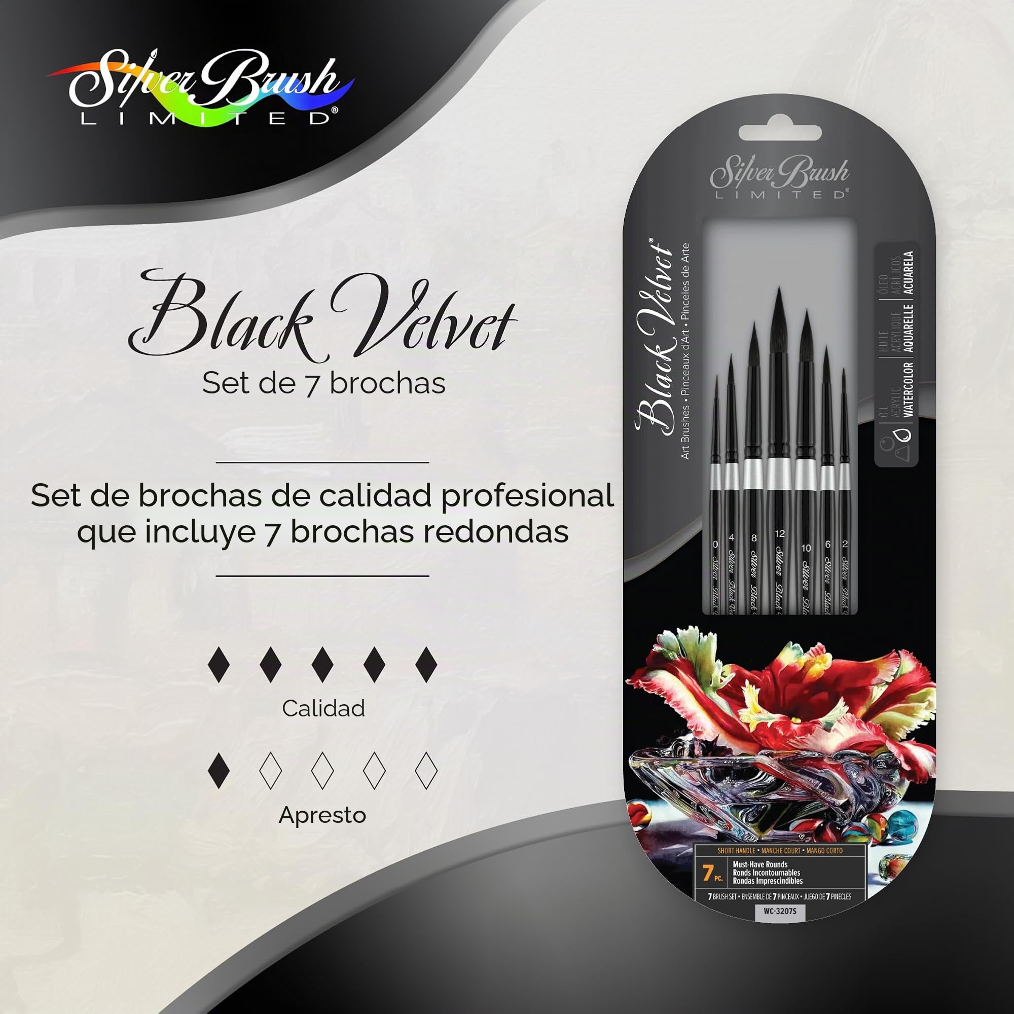 Silver Brush Limited WC-3207S Black Velvet - Juego básico de 7 Pinceles Redondos para Acuarela - #0, #2, #4, #6, #8, #10 y #12