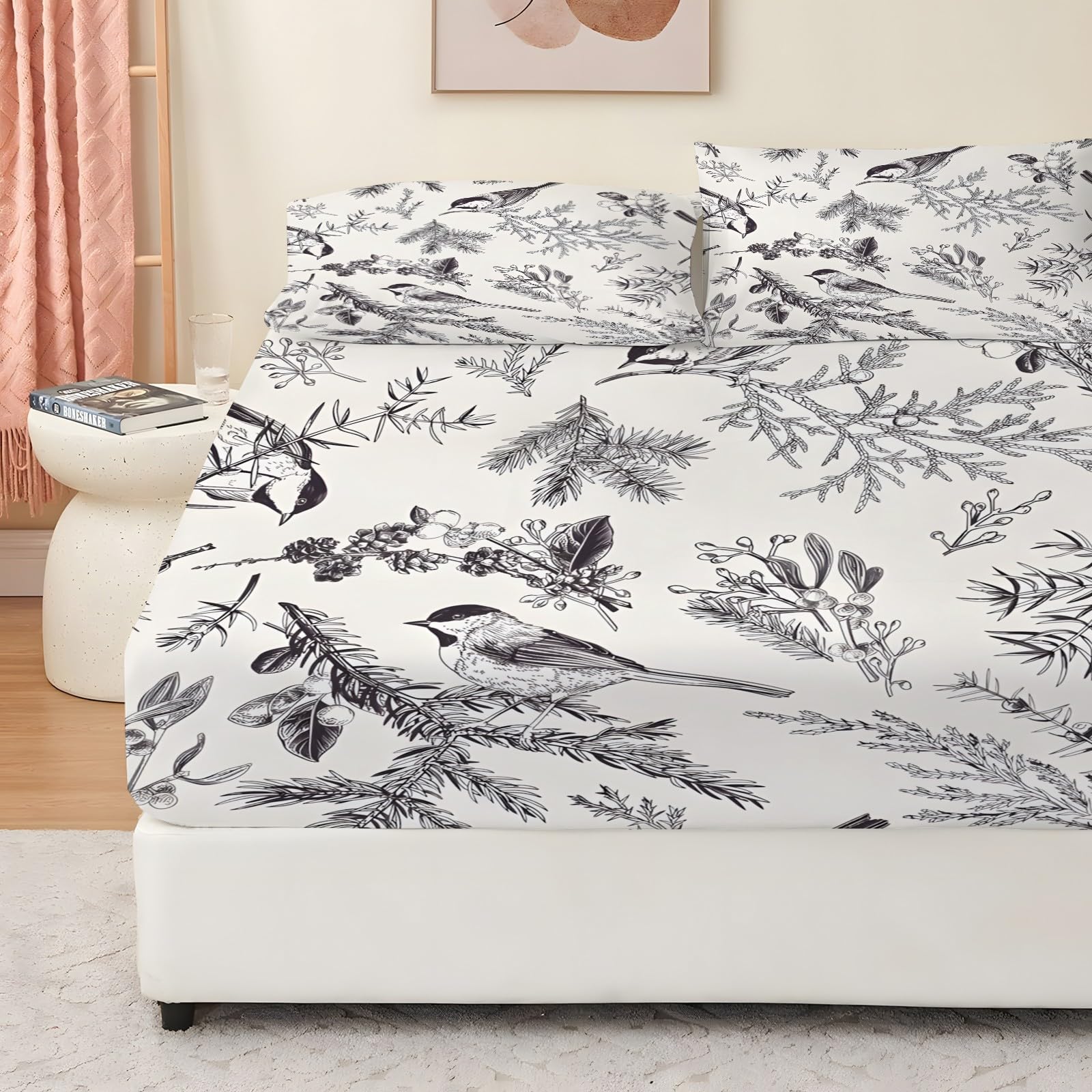 Sabana Bajera 135x190 ConíFera Sabanas Bajeras Estampadas PáJaros Sábana Bajera Ajustable Suaves, Elastico Funda Colchon con 2 Funda Almohada 50x80 cm, para Colchón de 30cm de Altura