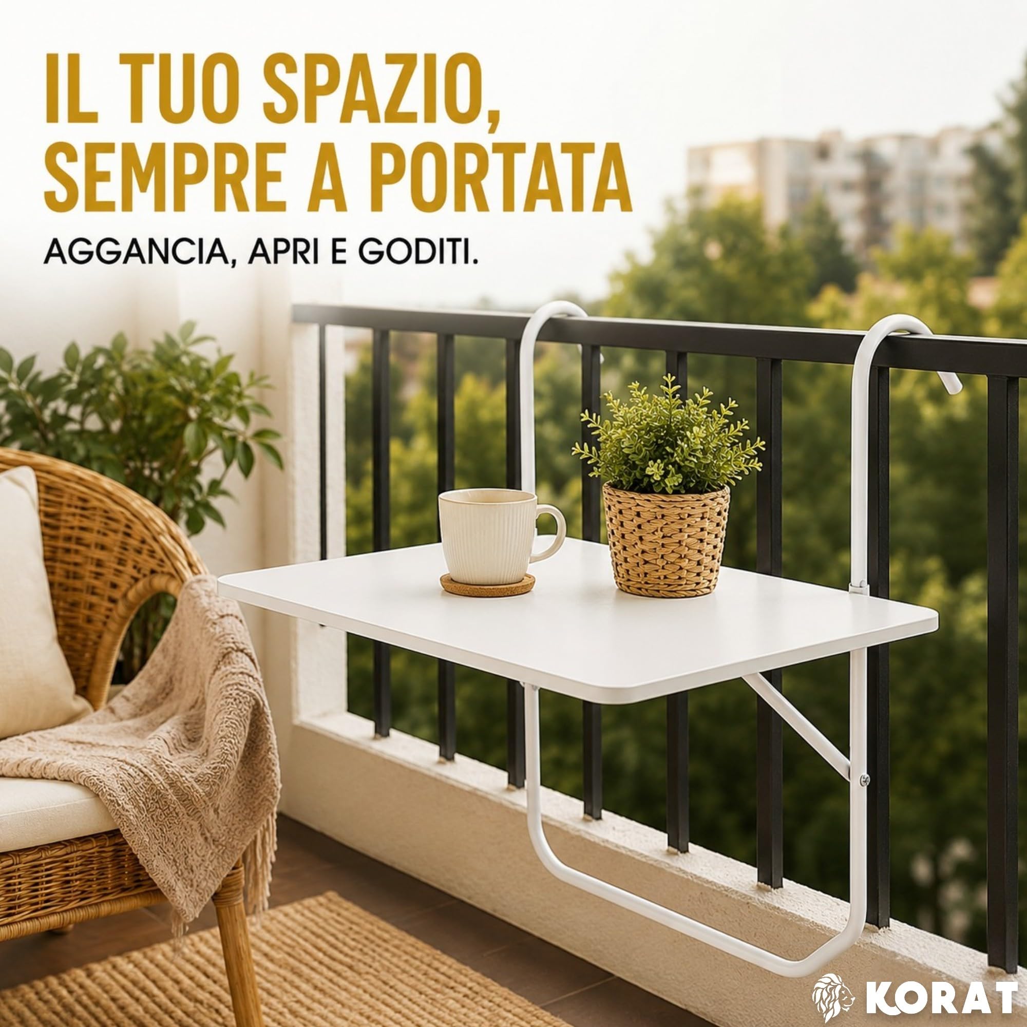 KORAT - Tavolo da Balcone Sospeso 60x40 cm, Tavolino Pieghevole da Ringhiera con Ganci Regolabili fino a 15 cm, Portata 15 kg, Tavolo Salvaspazio per Balcone, Terrazzo e Giardino