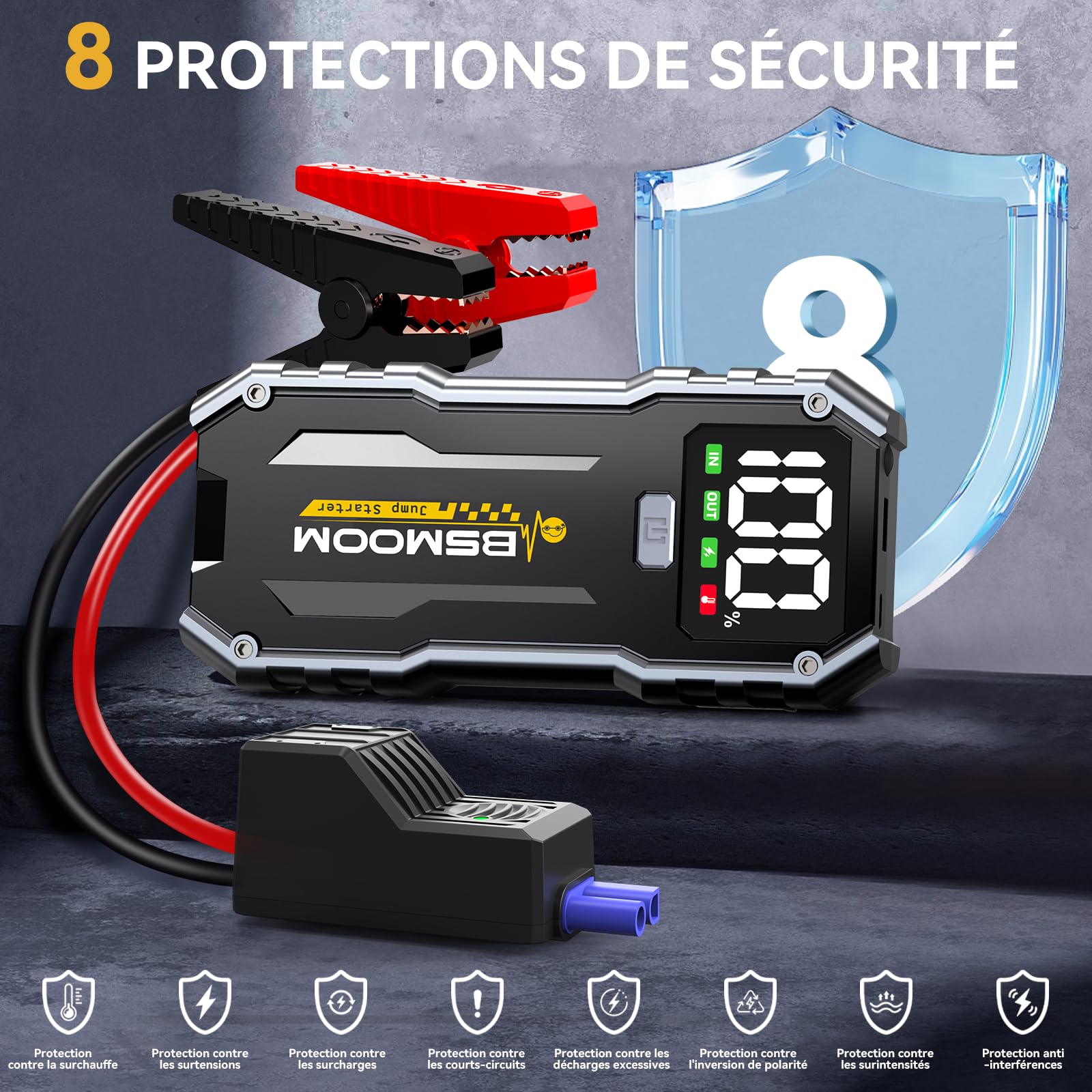 Booster Batterie Voiture Portable, 5000A Démarreur Batterie Voiture (Jusqu’à 10.0L Essence & 8.0L Diesel), Jump Starter avec Port de Charge USB, 3 Modes de Lumières LED, Écran LCD