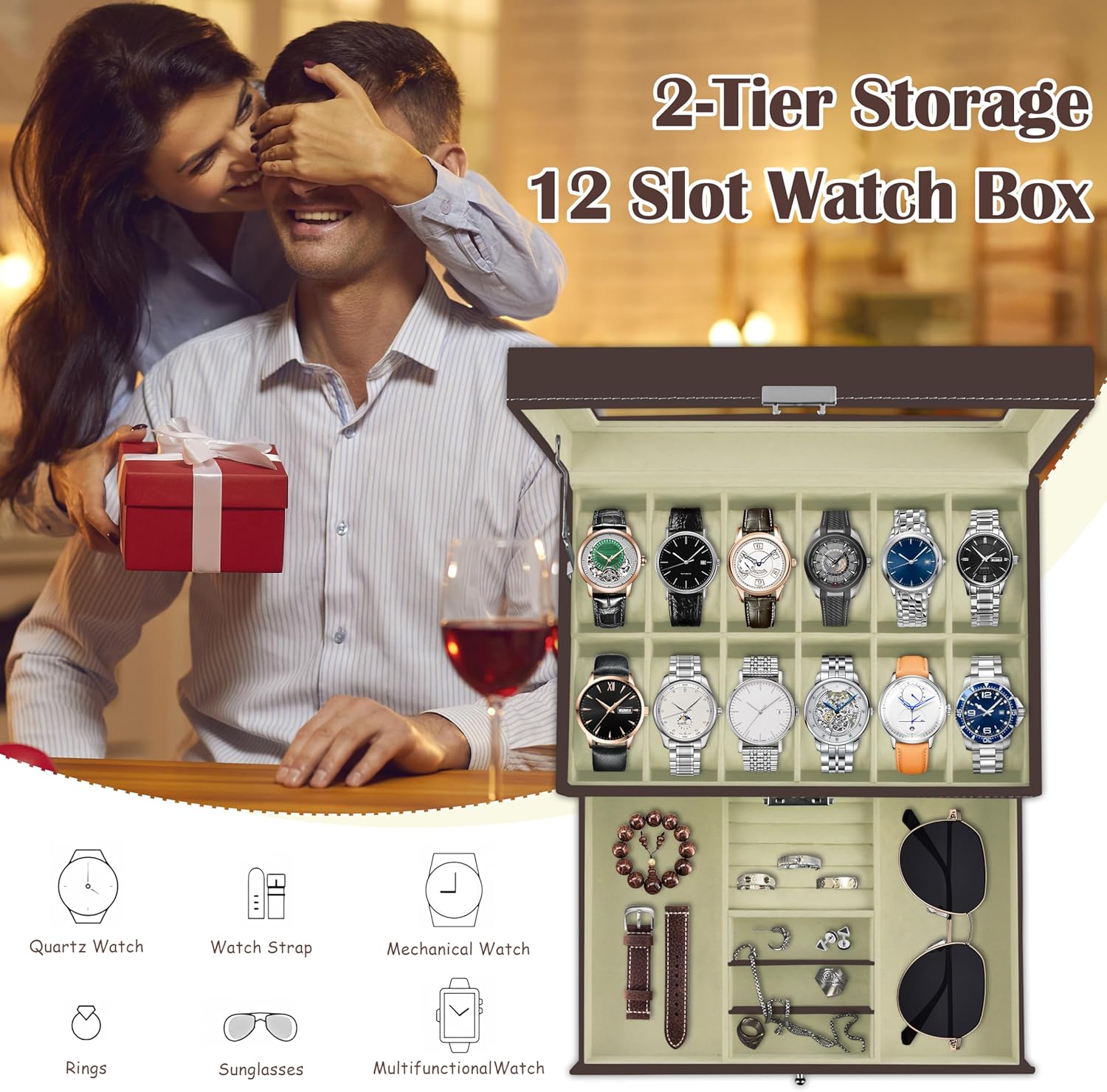 Ogrmar 12 Slot PU Leather Lockable Watch Storage Boxes, Men & Women Jewelry Display Drawer Case, 2-tier Organizer Watch Showcase with Glass Lid (Brown)