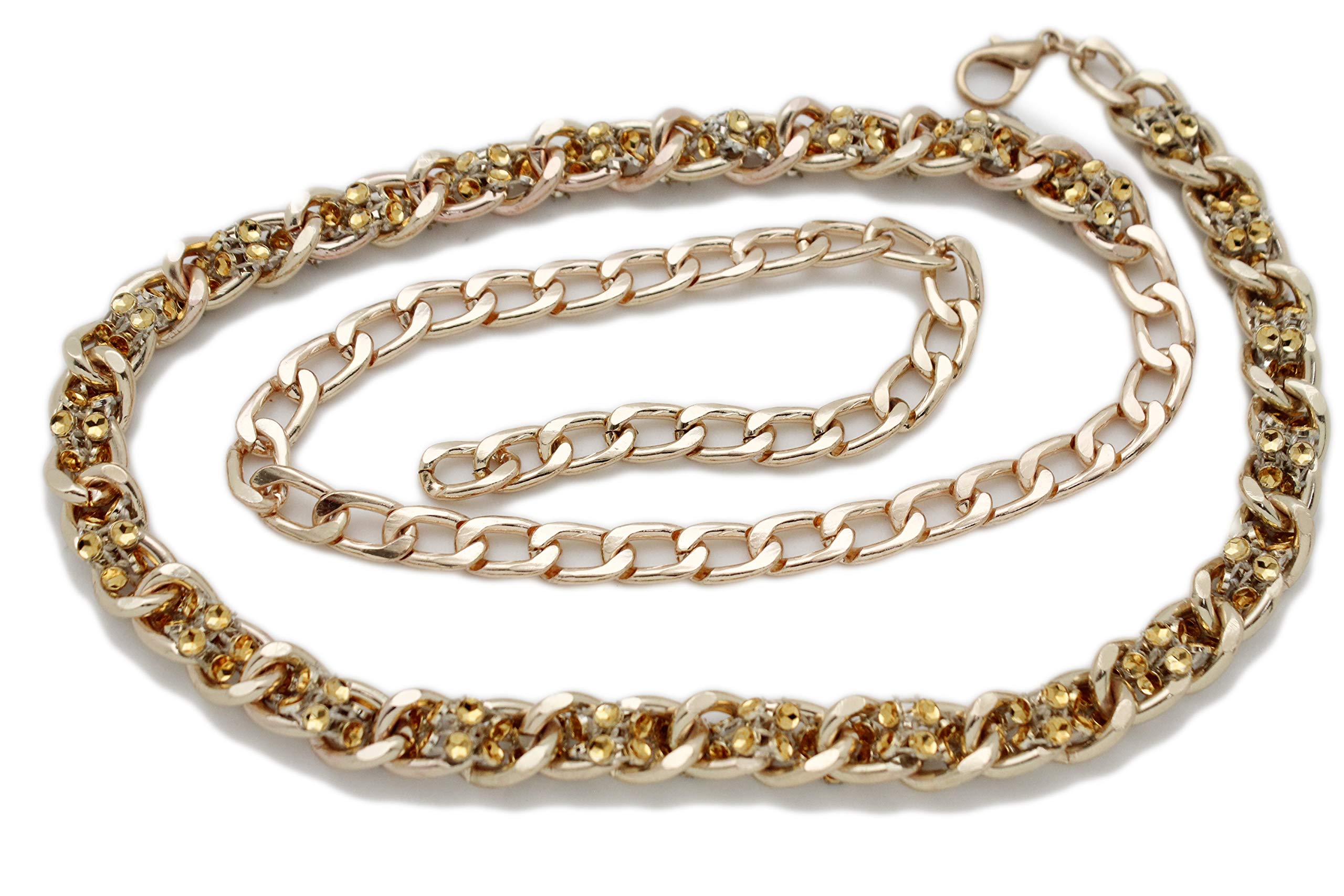Women's Fashion Chainlink Metal Belt - Thin Links with Gold Rhinestone Fabric Size M L XL, Gold/Gold