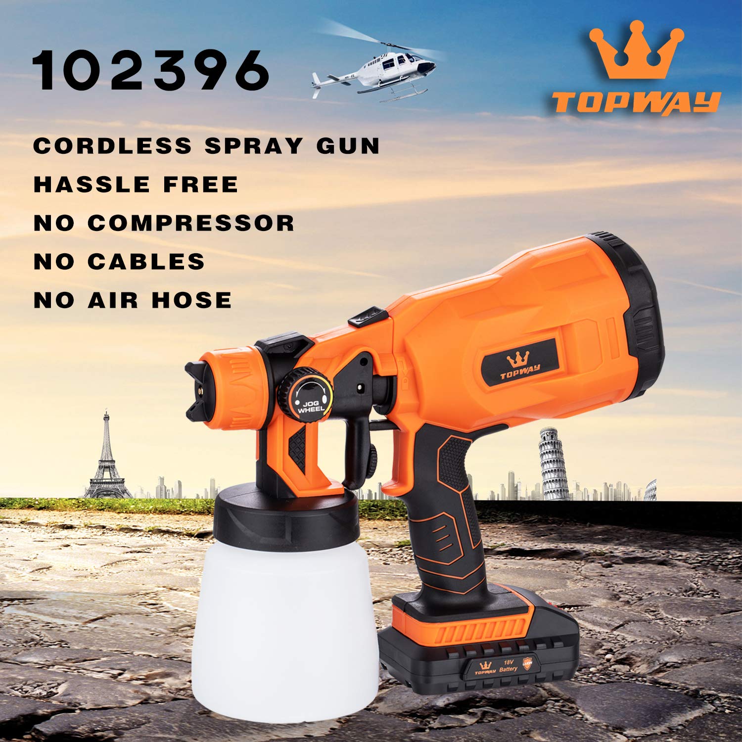 TOPWAY Pulverizador de Pintura inalámbrico de 18 V con batería, Pistola eléctrica inalámbrica de 800 ml con 2 boquillas y 3 Patrones de pulverización para Vallas, Paredes, techos, Tratamiento de