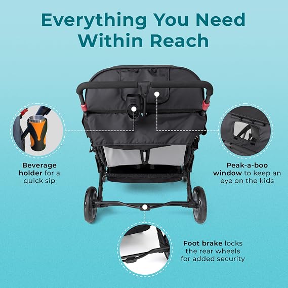 Gaggle by Foundations Compass Quad Stroller - 4 Seat Stroller Wagon for Daycare & Preschool | Foldable, Sun Canopy, 5-Point Harness, Large Storage - Black