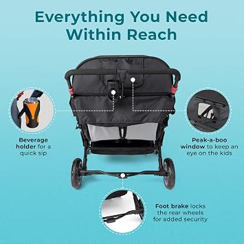 Gaggle by Foundations Compass Quad Stroller - 4 Seat Stroller Wagon for Daycare & Preschool | Foldable, Sun Canopy, 5-Point Harness, Large Storage - Black