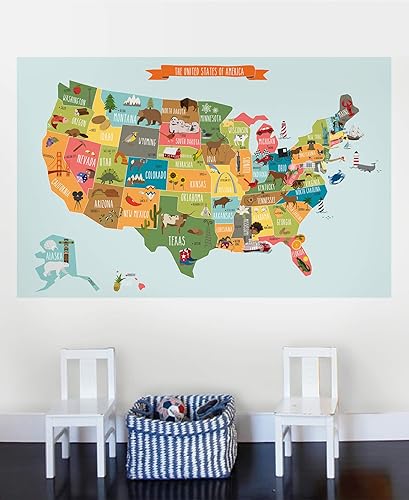 Miniatura 2 de Simple Shapes Póster de mapa de Estados Unidos para niños, calcomanía de pared ilustrada con mapa de Estados Unidos para niños (grande, 70 pulgadas